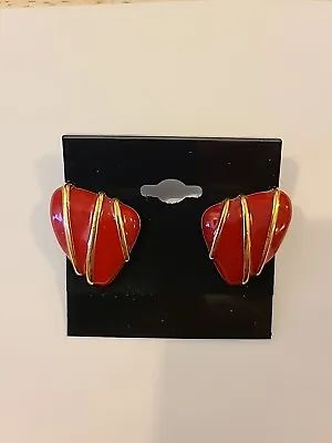 Vintage Monet Gold Tone Red Enamel Pierced Oversized Earrings • $10.99