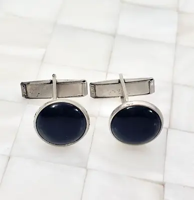 Black & Silver Tone Circle Round Whale Back Cufflinks The Vintage Strand #0871 • $1.49