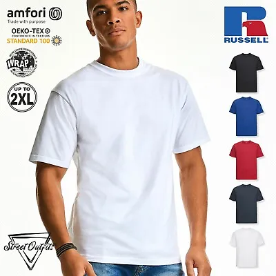 Mens Heavy Cotton T-Shirt Russell Plain Short Sleeve Shirt Round Crew Neck Top • £9.26