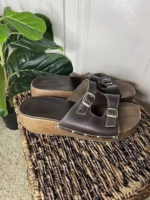 J Crew Sandals Slide Shoes Brown Leather Upper Wood Platform Bottom Buckle Sz 10 • $25