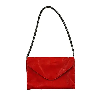 J Crew Red Pebbled Leather Envelop Shoulder Bag Clutch Purse Chain Strap • $49.95