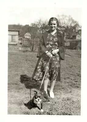 Vintage Old 1930's Photo Of A Woman Walking Her Determined Boston Terrier DOG  • $7.99