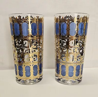 2 Vintage CULVER Azure Blue & Gold Mid Century Highball Tumbler Glasses  • $32.50