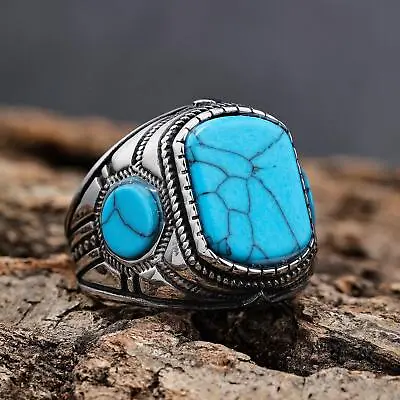 Mens Jewelry 316l Stainless Steel Oval Blue Turquoise Men Ring Stone Size 7-13 • $10.49