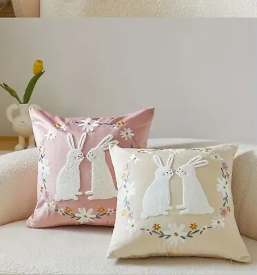 Easter Bunny & Spring Flowers Embroidery Pink Beige Cushion Cover Easter Cushion • £9.99