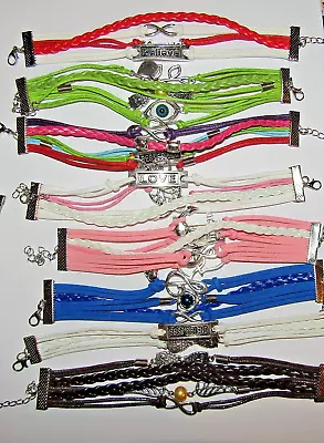 Multi Layer Leather Plaited Bracelet Lots Of Colour & Charm Choice Fast UK Deliv • £1.99