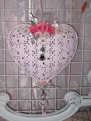 Shabby  HP Pink Cutout Heart N Key Jeweled Butterfly N Clay Roses Wall Accent • $18.99
