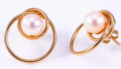 14K Yellow Gold Pearl Intertwined Circle Stud Earrings .71  2.22G Signed Vintage • $190