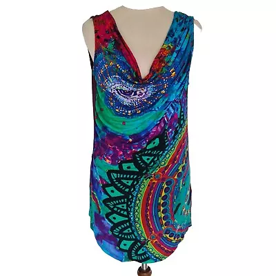 Desigual Womens Sleeveless Cowl Neck Top Sz Large Colourful Knit Back Geometric • $39.95