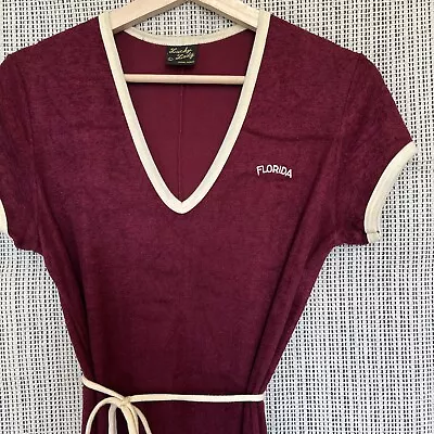 VTG Women’s LUCKY LADY Terry Cloth Burgundy Short Sleeve Ringer “Florida” Dress • $49