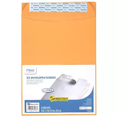 Mead Self Adhesive Press-It Seal-It Envelopes 9  X 12   Brown Kraft 25 Pack • $8.99
