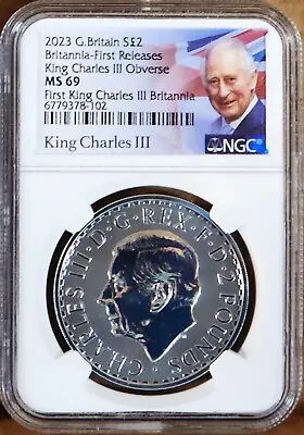 2023 2 Pound First Silver Britannia With King Charles III Ngc Ms69 Fr KC Label • $0.99