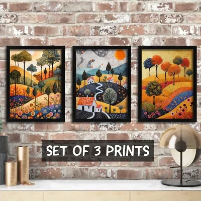 Klimt-Inspired Wall Art Trio: Vibrant Whimsical Landscapes Set Of 3 Prints • £55