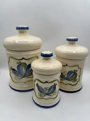 Vintage Los Angeles Potteries 1962 3 Piece Canister Set Blue Green Vegetables • $39.99
