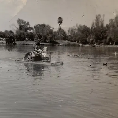 Found Black & White Photo VTG Pedal Boat In Lake With Ducks • $9