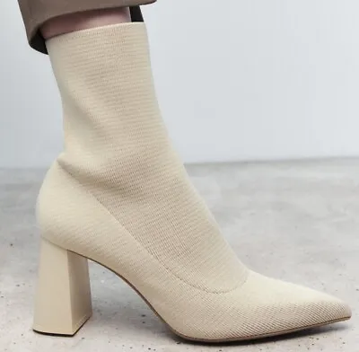 Zara Stretch Fabric Heeled Ankle Boots Beige Size 7.5 New • $69