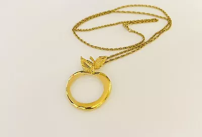 Signed Avon Vintage Apple Magnifying Glass Pendant Chain Necklace Gold Tone 30” • $15.99