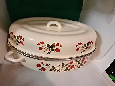 Vintage Sheffield Strawberries 'N Cream Enameled 15  Roasting Pan+Lid • $45