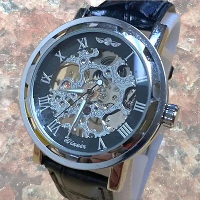 Winner Men Silver Skeleton Dial Leather Band Roman Hand-Winding Mechanical Watch • $45