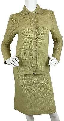 Vtg Hand Knit 2-Piece Jacket & A Line Skirt Set Madmen Secretary Green EUC XS/S • $79