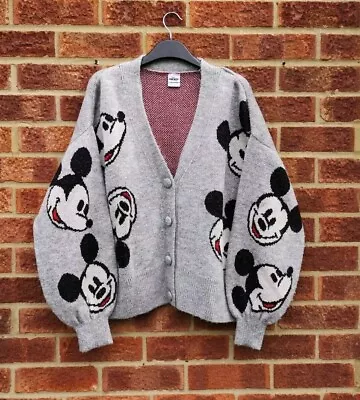 Mickey Mouse Grey Cardigan Jacket Check Stripe Disney Sleeveless Vest Knit L • $37.34