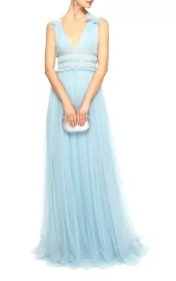 New $5000 MONIQUE LHUILLIER Collection Embellished Blue Long Dress Tulle Gown 4 • $1323.07