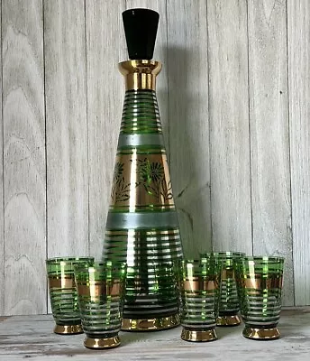 Vintage - Green And Gold Floral Bohemian Style Glass Decanter Set • $36.85