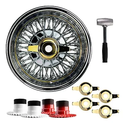 14x7 Reverse 72 Spoke Cross Lace Lowrider Wire Wheels Zenith Cut Gold Caps Set • $1120