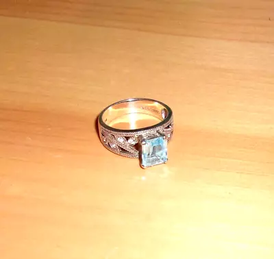 Vintage Sterling Silver Aqua Marine Cubic Zirconia Ring Sz 10.5 Avon Open Vine • $28.99