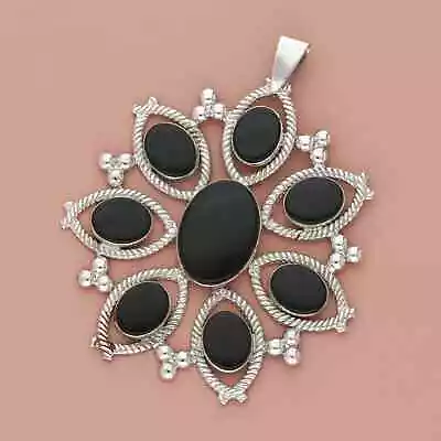 Van Dell Sterling Silver Vintage Large Black Onyx Flower Pendant • $52