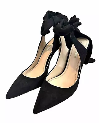 Zara Basic Black Faux Suede Ankle Tie Ribbon Heels.  Size: US 9. Heel: 4 Inches • $13.95