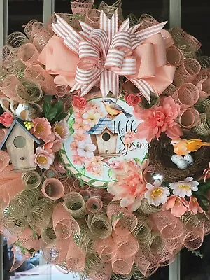 Spring Easter Deco Mesh Wreath Bird House Nest Handmade • $58