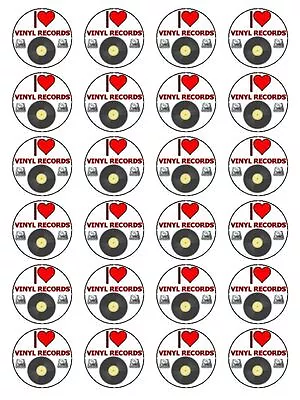 X24 1.5  I Love Vinyl Record Eighties 80s Cupcake Topper On Edible Rice Paper • £2.76