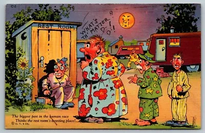 Vintage Saucy Cartoon Humor Postcard - Waiting For The Outhouse • $5