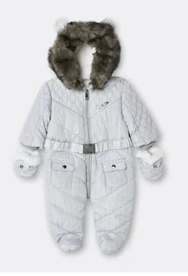 River Island Babies Snowsuit Grey RI Hooded Quilted Baby Pram Suit Coat Jacket • £22.95