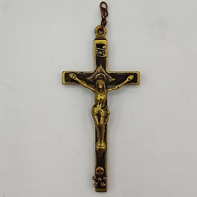 Vtg 3  Brass & Ebony Wood Inlay Crucifix Pendant Memento Mori Skull & Crossbones • $64.99