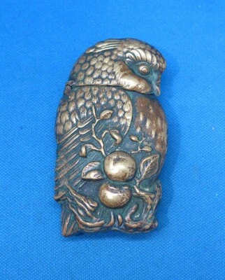 $99 • Buy Japanese Match Safe, Owl Standing On Persimmon Branch, Brass, C. 1895, Vesta