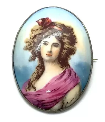 Antique Edwardian French Sterling Silver Limoges Portrait Porcelain Brooch • £55