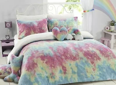 Teddy Bear Fleece Rainbow Tie Dye Duvet Quilt Cover Super Soft Bedding Set • £13.45