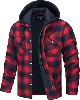 Men's Plaid Flannel Shirts Hoodie Jacket Fully Quilted Lined Thermal Winter Coat • $61.98