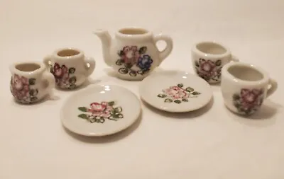 Lot Of 7 Miniature Dollhouse Porcelain Floral PlatesCupsTeapotSugarCreamer • $18.95