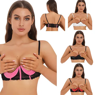 Women's Sexy Push Up Lingerie Open Bust Bra Top Lace Shiny PVC Leather Brassiere • £13.67