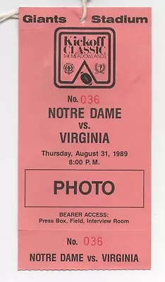 1989 Media Credential: Kickoff Classic - Notre Dame Vs Virginia -  Giants Stad • $9.99