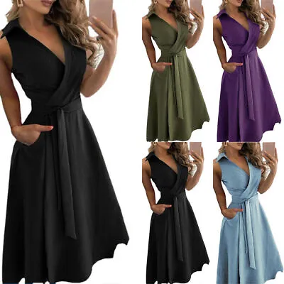 Sexy Womens V Neck Wrap Dress Ladies Summer Casual Party Swing Skater Dresses . • £11.75