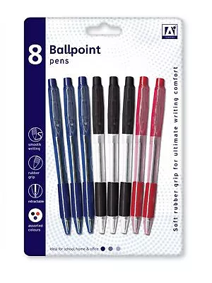 8 Ballpoint Pens Smooth Writing Rubber Grip Retractable Assorted Colours • £2.78