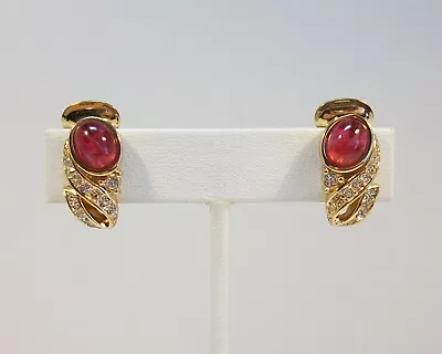 Vintage Signed CHR. DIOR Red Glass Cabochon & Rhinestone Clip On Earrings • $100