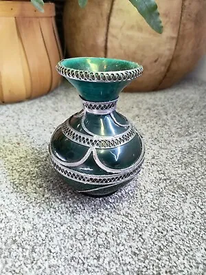 £39.99 • Buy Vintage Pottery Moroccan Vase With Metal Overlay 12.5cm Tall Green 