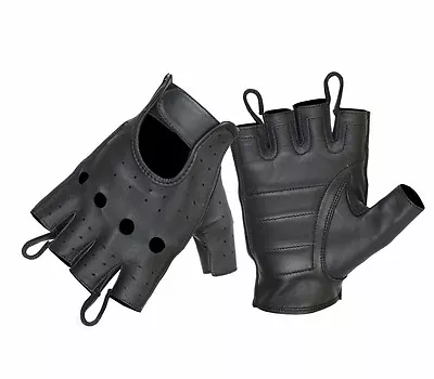 Mens Womens Perforated Fingerless Black Leather Gel Palm Motorcycle Gloves • $19.95