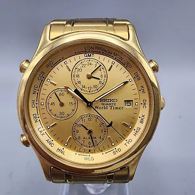 VTG Seiko World Time Watch Men 38mm Gold Dial Gold Tone Date Alarm 38mm New Batt • $174.99