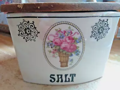 Czechoslovakia  Antique Salt Box With Wood Lid- Roses Design • $31.99